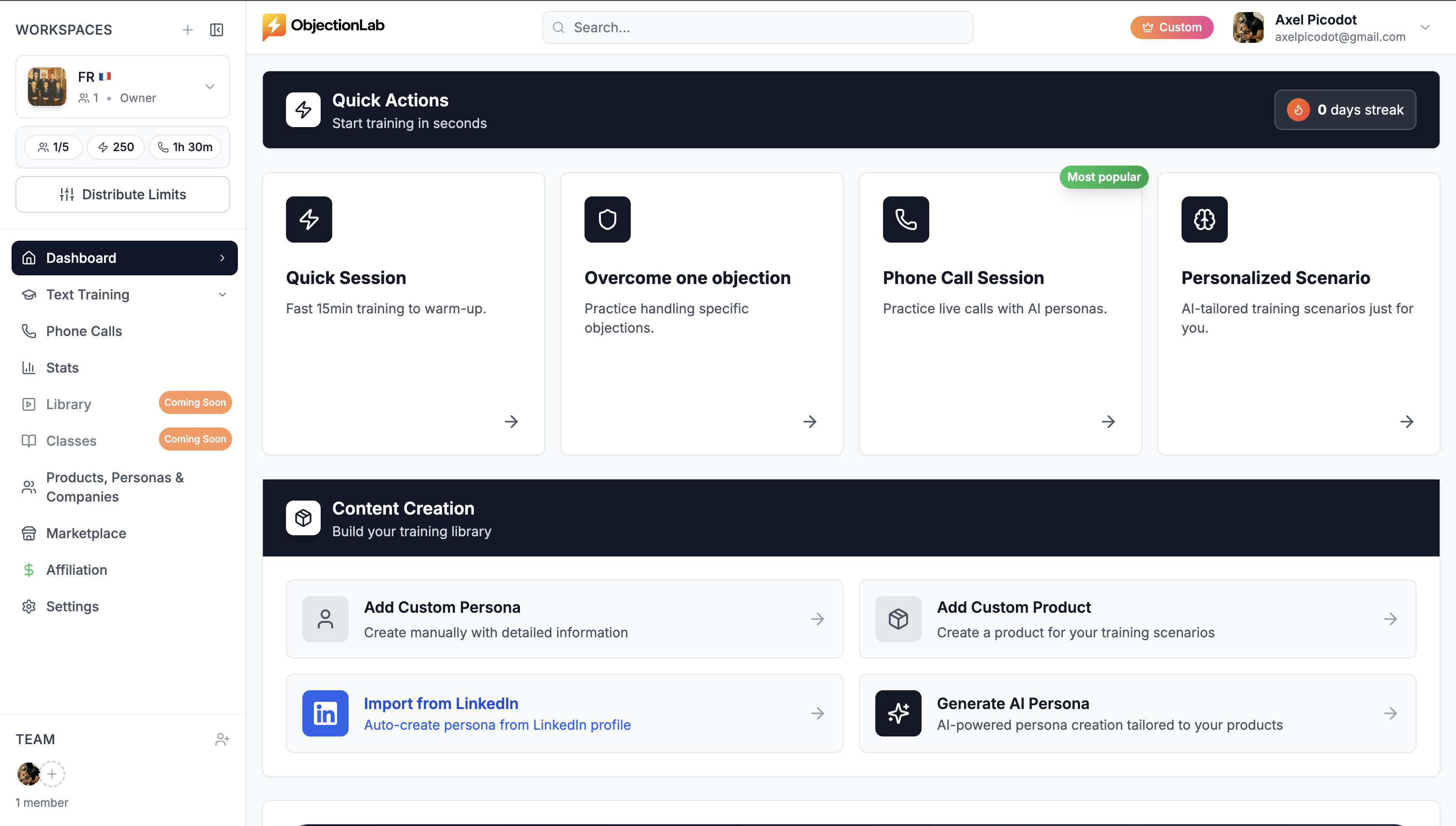 ObjectionLab AI sales training dashboard showing performance analytics, objection scenarios, and training progress